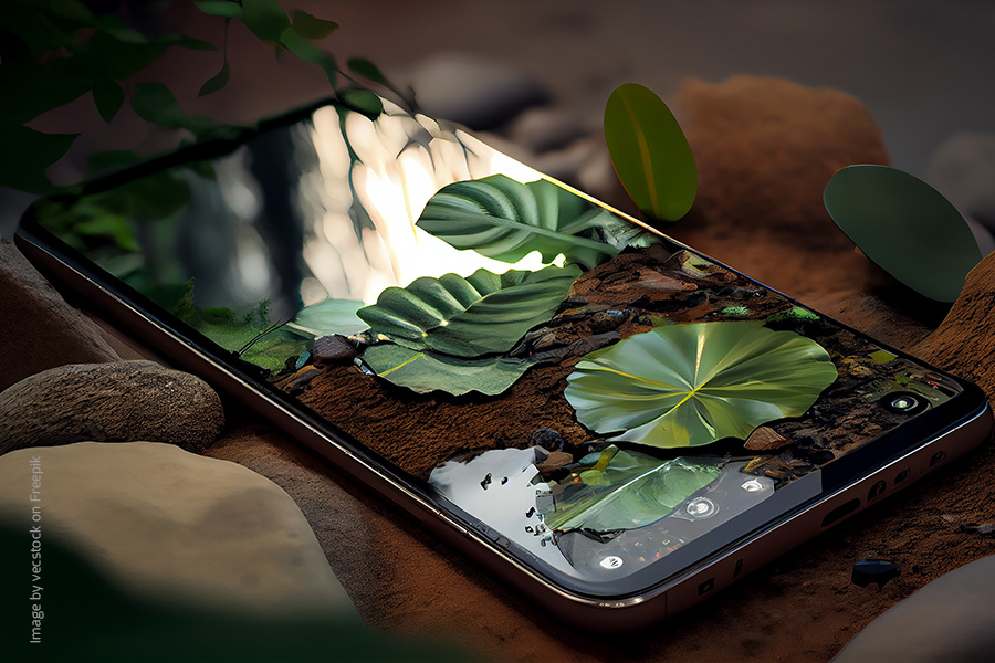 Wie man in der Instagram-Wildnis den Content-Faden nicht verliert. Ein Handy liegt auf einem Waldboden zwischen Steinen und Blättern. Auf dem Display ist ebenfalls ein Ausschnitt des Waldbodens zu sehen.