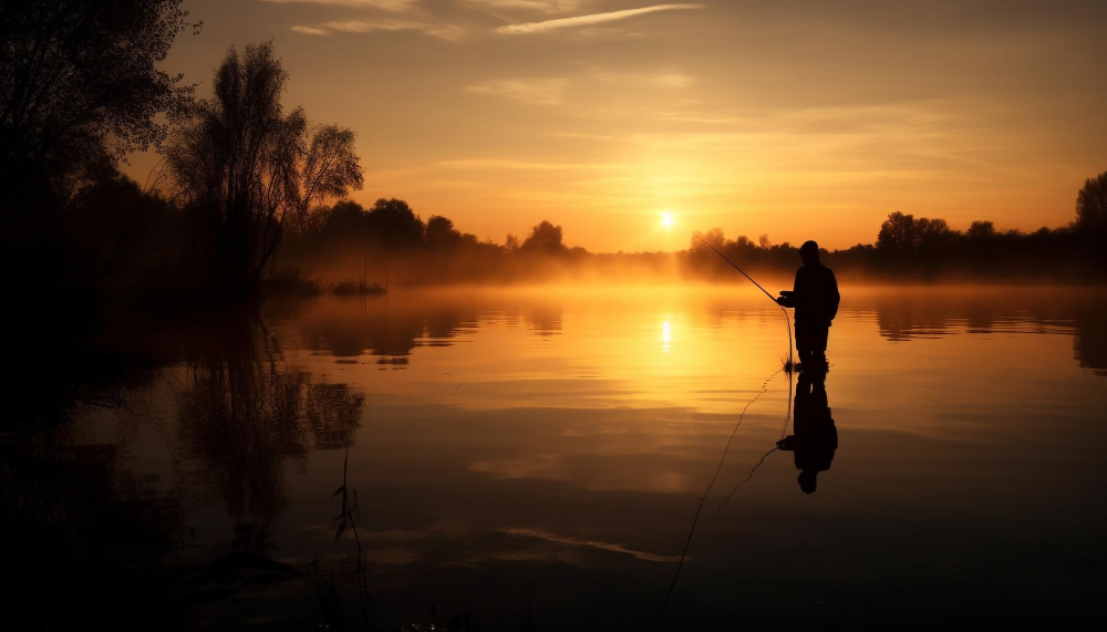 Gegenlichaufnahme eines Anglers, der in einem See steht. Die Sonne geht unter oder auf und spiegelt sich im Wasser.