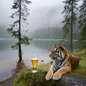 Ein Tiger liegt am Ufer eines Karsees. Im Schwarzwald. Neben dem Tier steht ein Glas Bier.