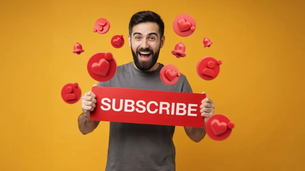 Smiling man holding subscribe sign against yellow background